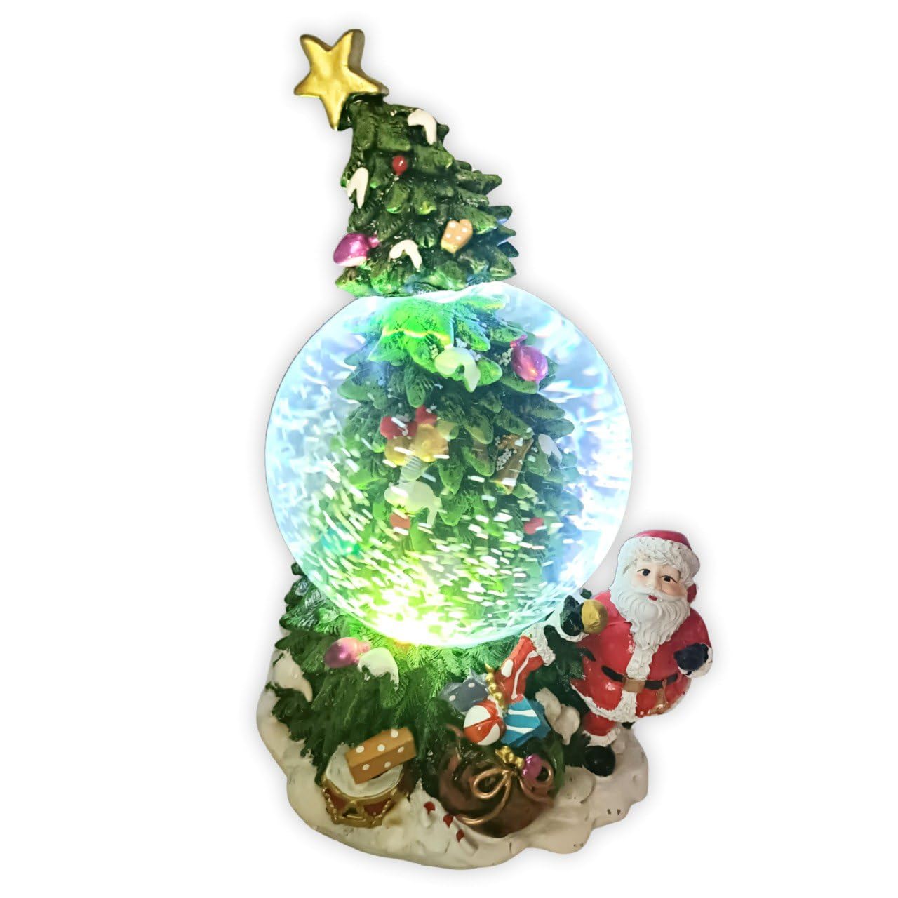 Sfera di Neve Natalizia con Albero e Babbo Natale, 20x12 cm, Ampolla in Vetro con Effetti Sonori, Decorazione Festiva