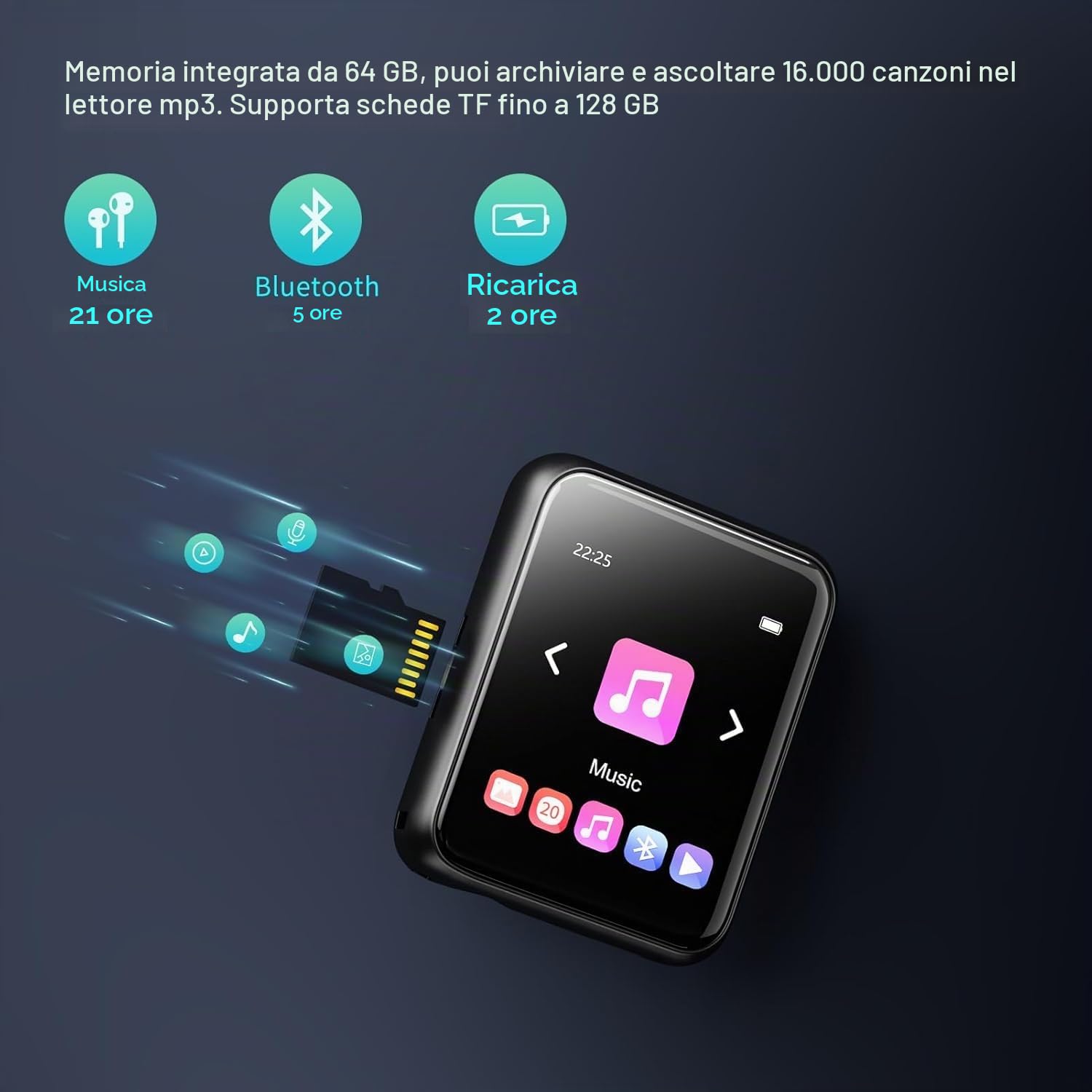 64GB Lettore MP3 con Bluetooth 5.0, Portatile Hi-Fi Sound Lettore di musica con Altoparlante, Line-in Registratore Vocale, Radio FM, e-book, Full Touch Schermo, Supporto fino a 128 GB di schede