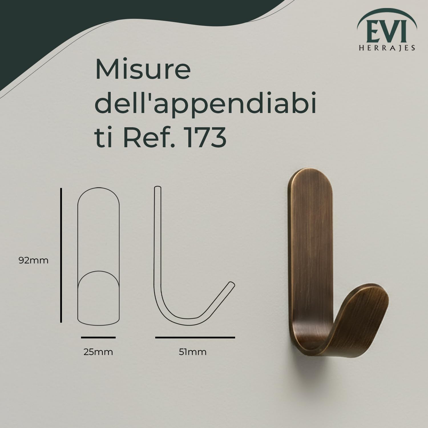 EVI Herrajes | Appendiabiti a forma di gancio da parete in ottone, finitura in pelle invecchiata | Installazione adesiva | Per appendere vestiti, asciugamani o accessoris | Mod. 173ADLCU