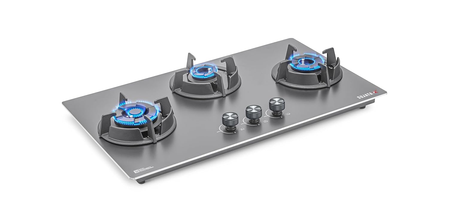Sujata Gas Stove 3 Burners | 5 Years Warranty | 3 Burner Gas Stove Stainless Steel Auto Ignition, CookTop cum Hob Top