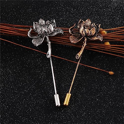Image of Ancient Lotus Brooch Pin for Men Women Personalized Vintage Gold Silver Carved Pool Pond Flower Elegant Traditional Suit Clothes Dress Decoration Jewelry Gifts