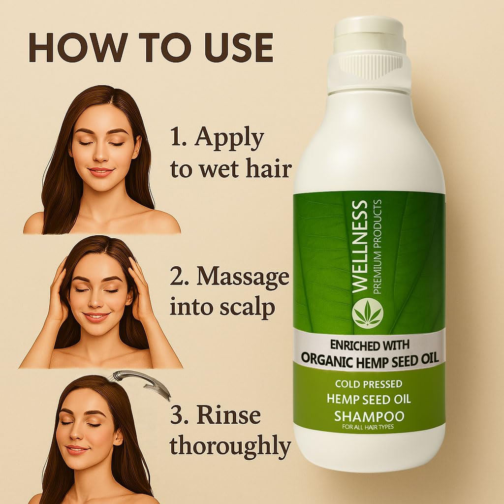 Wellness Premium Organic Hemp Shampoo – Natural Hair Growth Shampoo with Organic Infusion, Hemp Seed Oil – Hair Loss & Color Safe Care – Vegan, for All Hair Types, 33.8oz (1 Liter)