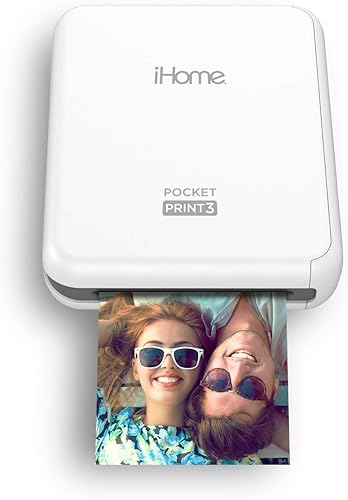 iHome® PocketPrint3™ Impresora fotográfica en color móvil, impresiones cuadradas de 3 x 3 pulgadas (blanco)