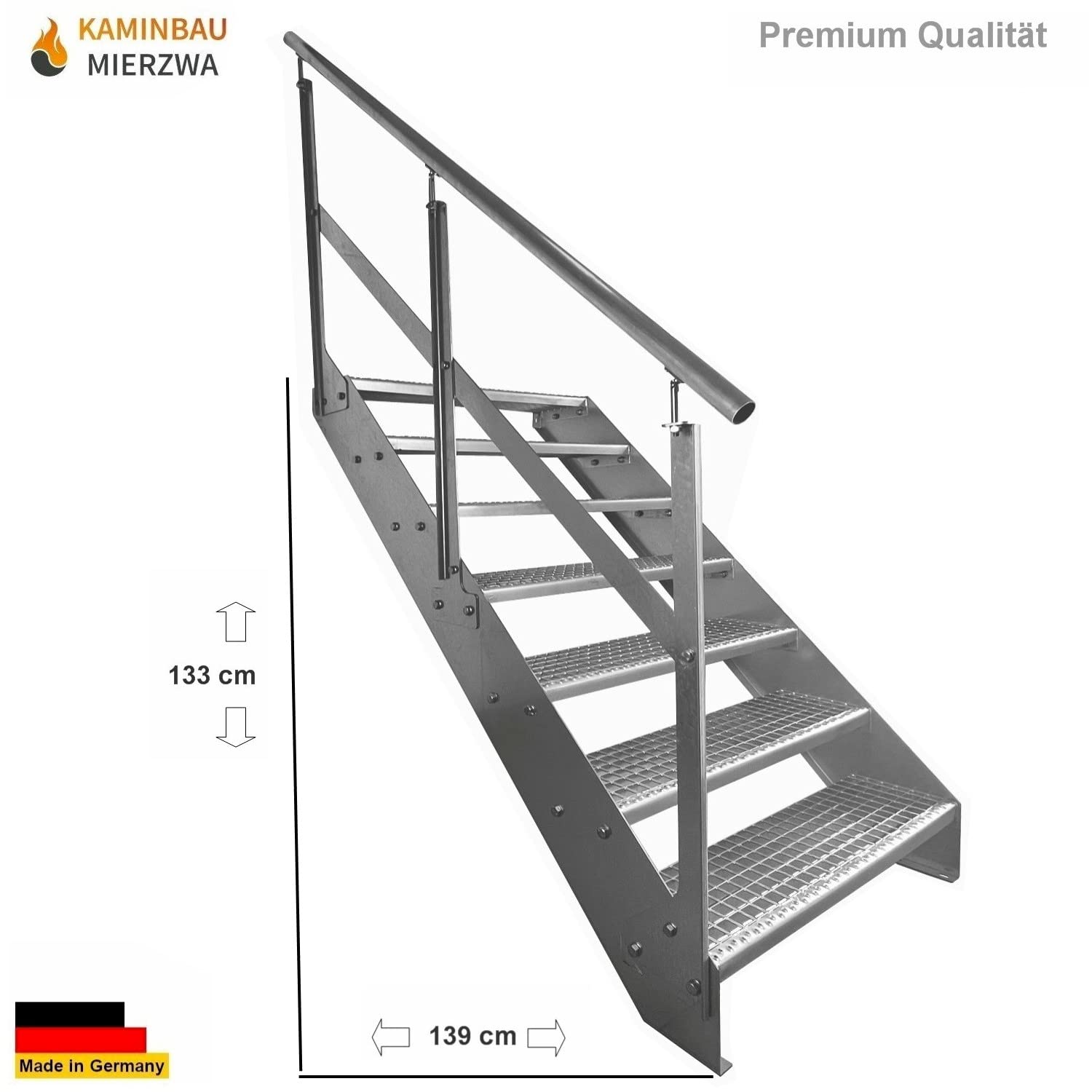 Premium Caillebotis acier Escalier à limon 7 Marches Entièrement galvanisé avec garde-corps à gauche - Dimensions (L x l x H) 139cm x 80cm x 133cm
