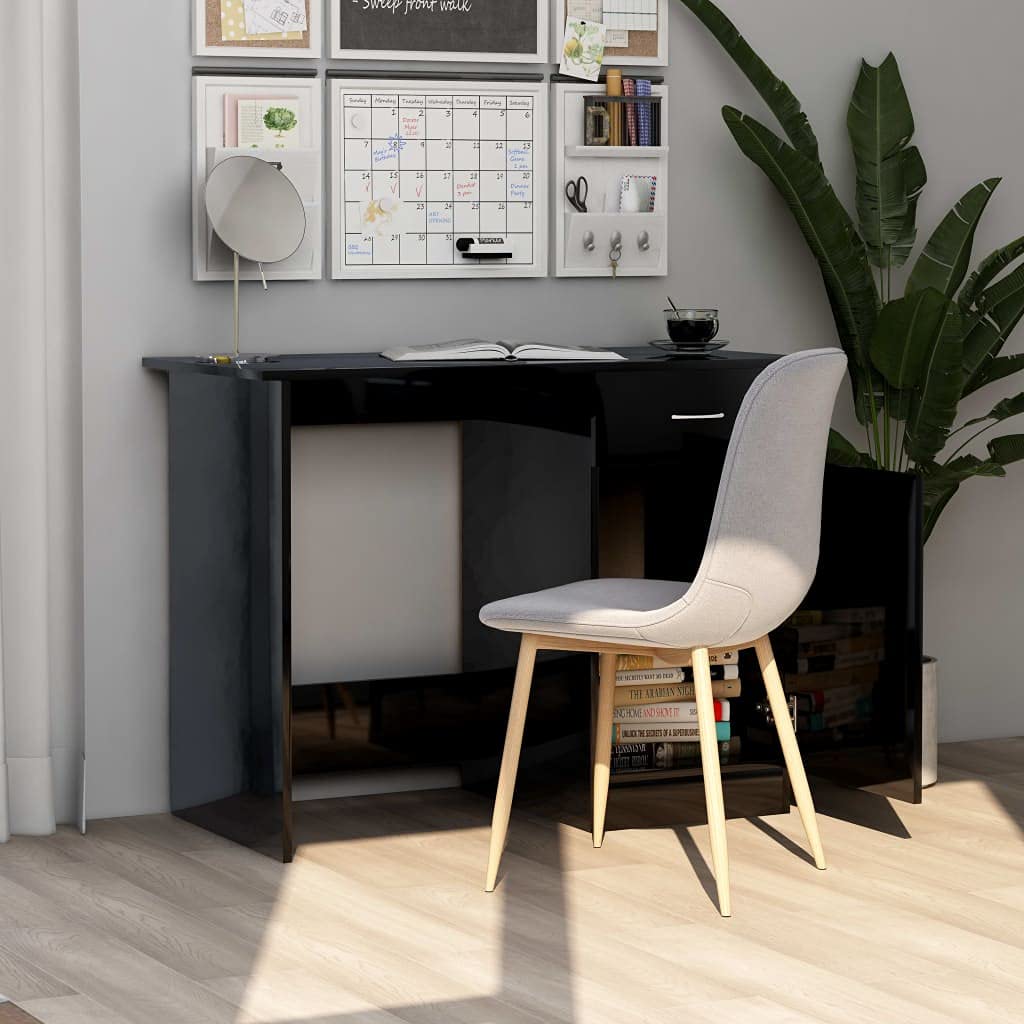 Schreibtisch Hochglanz-Schwarz aus Holzwerkstoff 100 x 50 x 76 cm mit Schublade und Tür, Computer Arbeit Laptop PC Tisch für Büro Homeoffice, Lernen Zocken Stauraum
