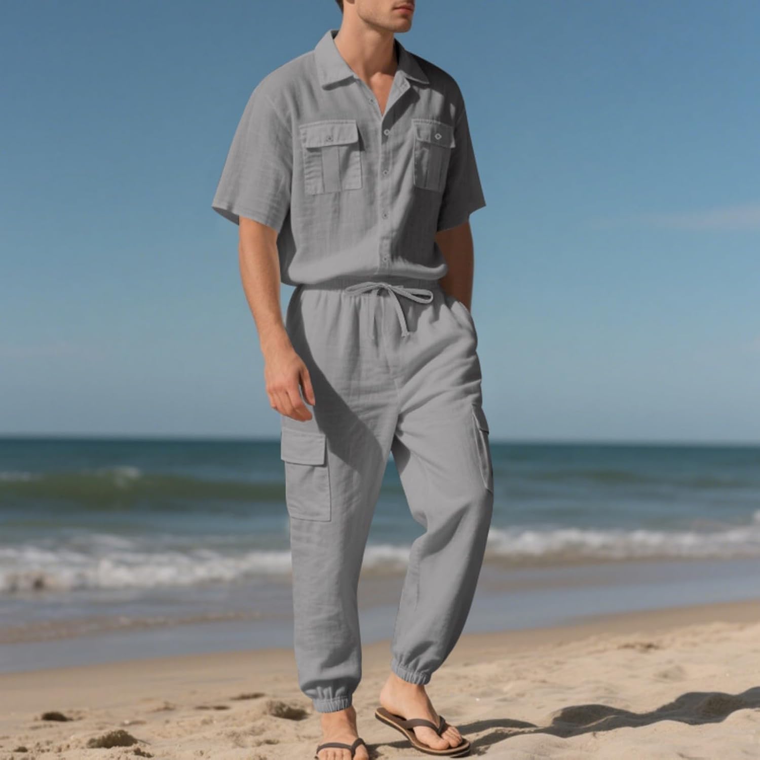 Mens Track Suits 2 Piece Set Cotton Linen Casual Outfits Short Sleeve Button Down Shirt and Pants Matching Sets 2026