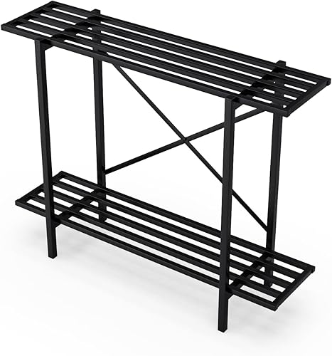 Miniatura 4 de Zhongma Soporte de metal resistente para plantas de 2 niveles, soporte estrecho para plantas para interiores y exteriores, 35.43 pulgadas de largo x