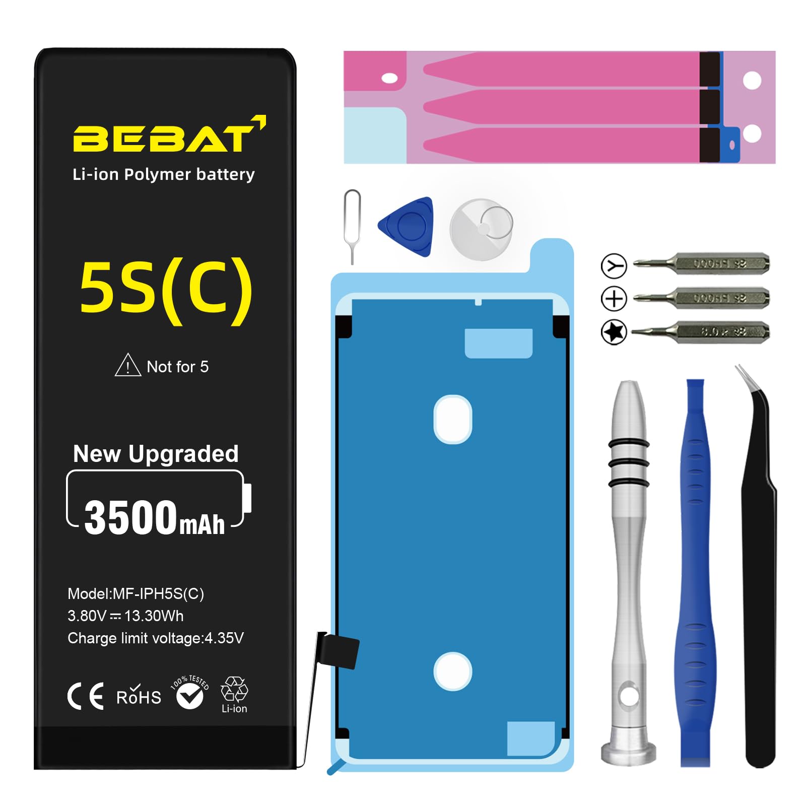 Replacement for iPhone 5S/5C Battery, 3500mAh High Capacity Li-ion Polymer Replacement Battery for iPhone 5S/5C A1453 A1457 A1518 A1528 A1530 A1533 with Complete Professional Repair Tool