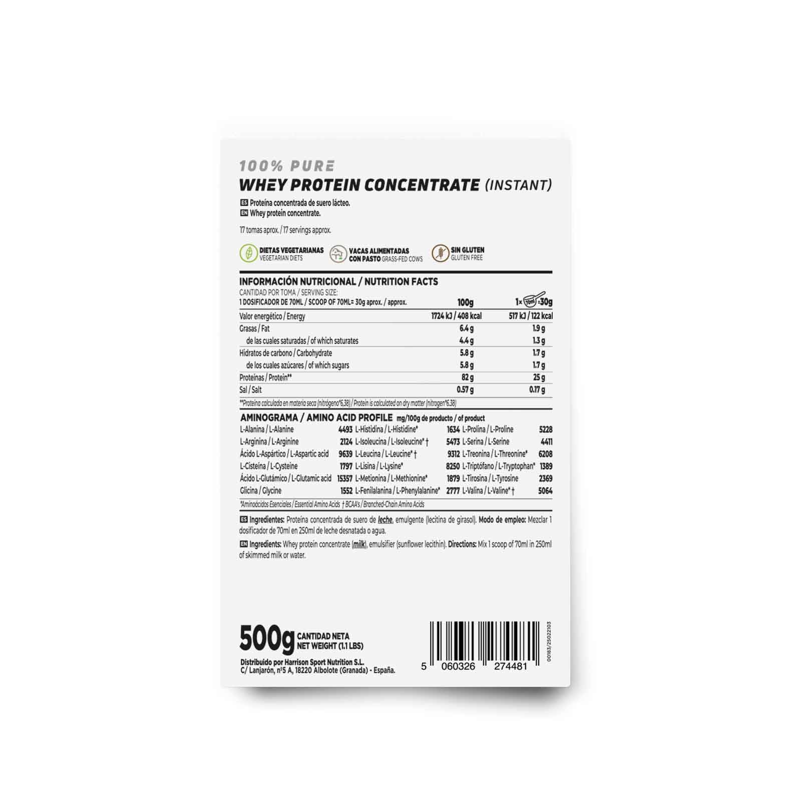 HSN 100% Whey Protein Concentrate WPC Sin Sabor 500 g | Proteína de suero concentrada 84% proteínas. Sin añadidos. Sin soja ni gluten. Apta vegetarianos. No Incluye dosificador