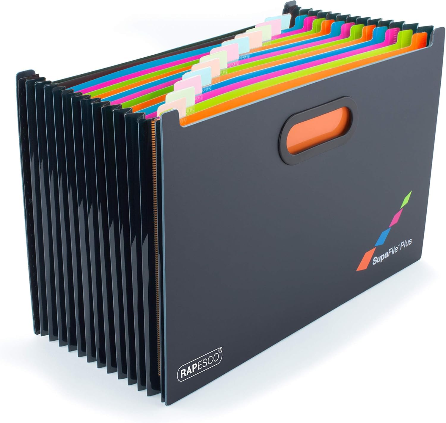 Rapesco 1552 SupaFile Plus 13-Part Desktop Expanding File Organiser Oversized to Fit Files and Folders up to 38.5 cm Wide, A4+, Black with Multi-Coloured Dividers