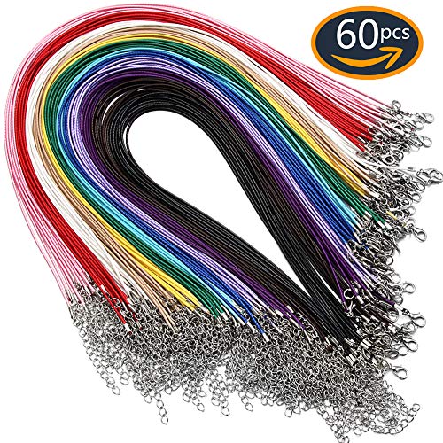 60Pcs Waxed Necklace Cord Bulk for Jewelry Making,Necklace Rope String with Clasp for DIY Bracelet Pendant,Multicolor(18 Inches and Thickness 1.5mm)