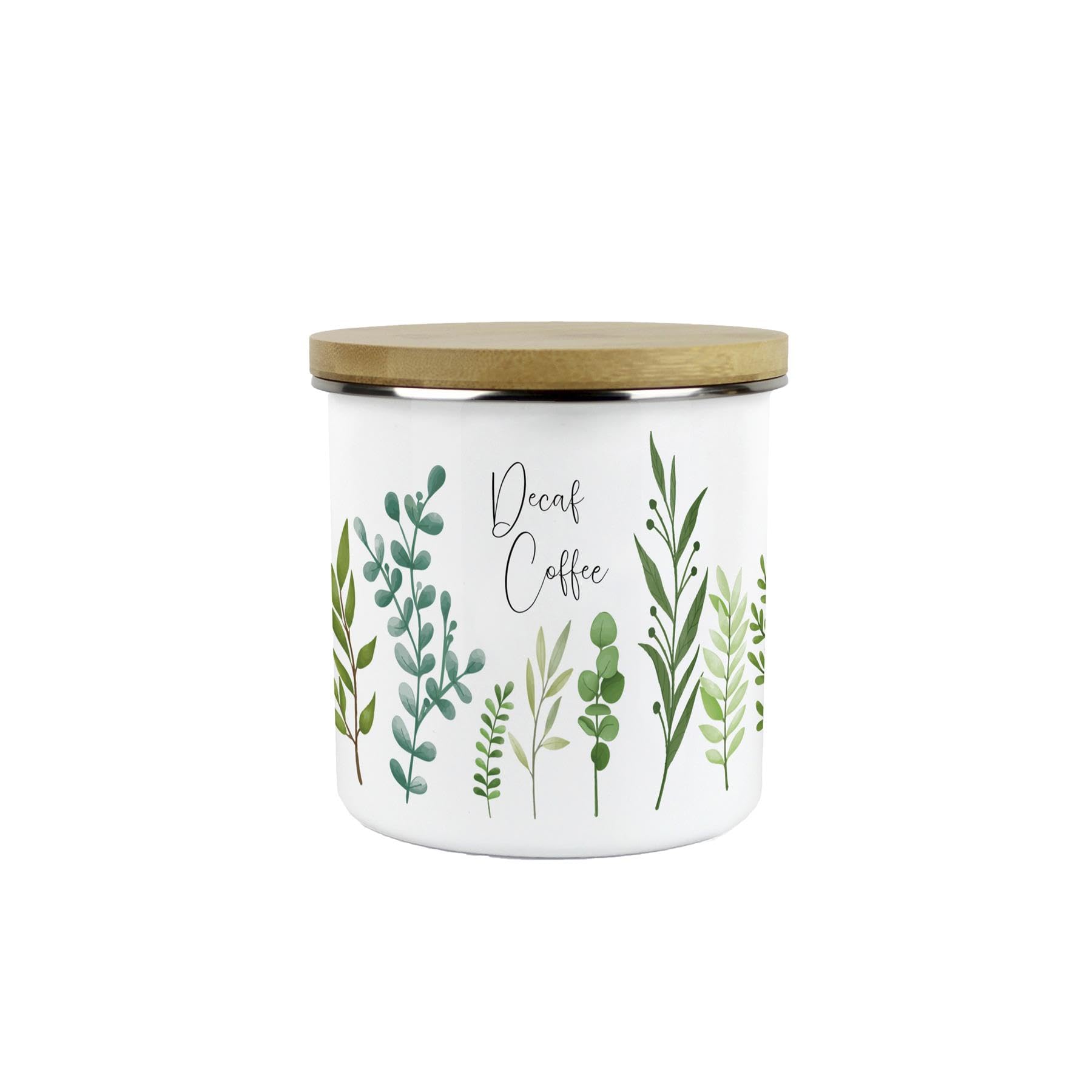 Green Leaves Decaf Coffee Storage Canister - Vibrant Foliage Kitchen Decor Gift - Metal/Enamel Hot Drinks Storage Container