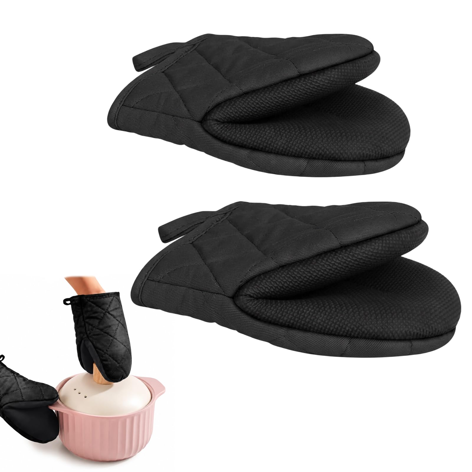 1 Pair Oven Gloves Heat Resistant, Kitchen Oven Mitts High Heat Resistant 500℉, with Non-Slip Grip Surfaces and Hanging Loop, Hanging Loop Oven Mitts for BBQ, Baking, Cooking and Grilling(Black)