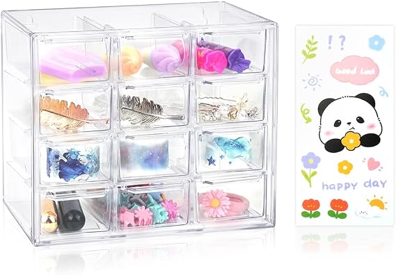 Mini Clear Storage Drawers, Desk Storage Organizer with 12 Drawers, Plastic Desktop Craft Storage Box with Sticker for Makeup Jewelry Bathroom Craft Supplies Stationary(12 Drawers)