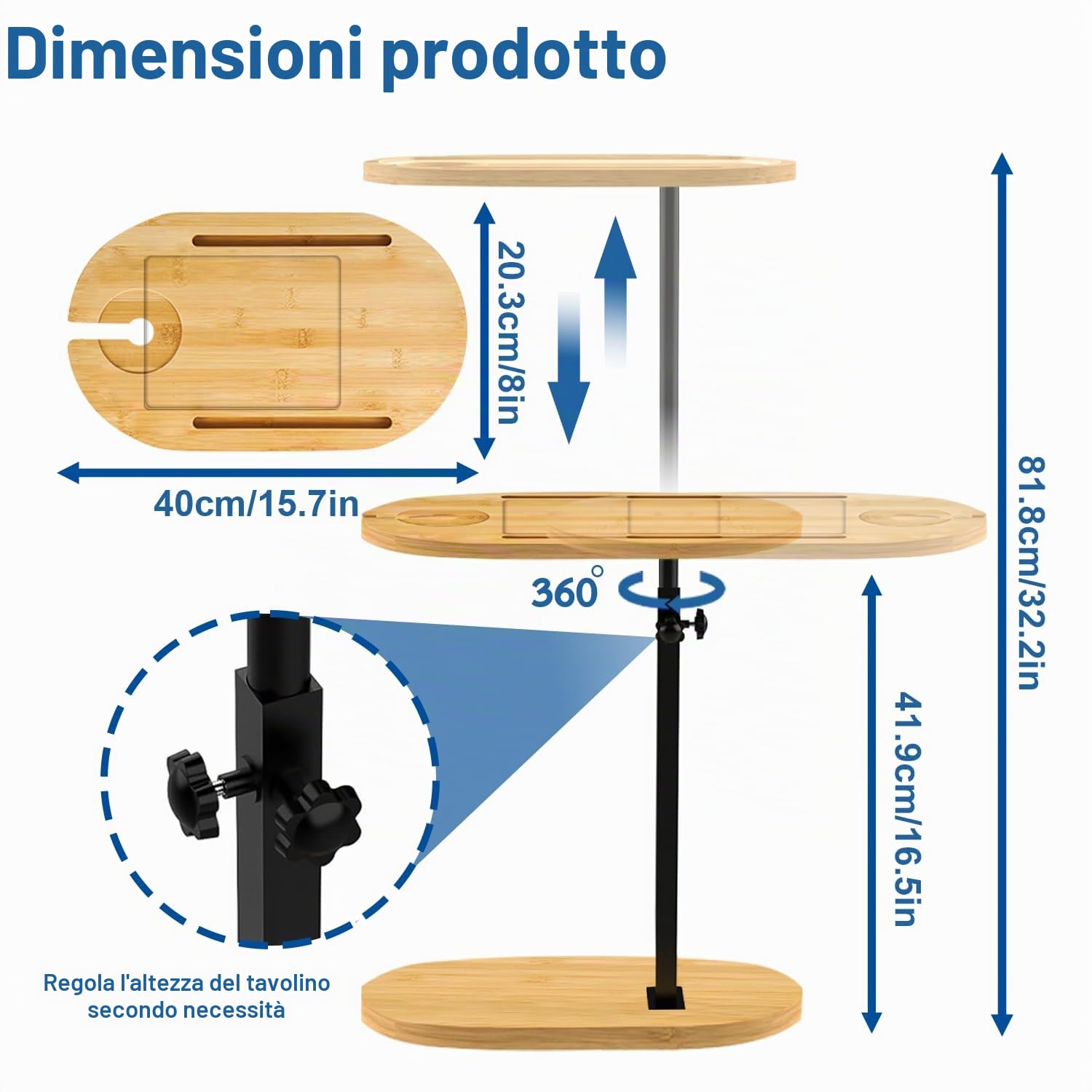 C Form - Tavolino girevole a 360°, regolabile in altezza, 42-82 cm, in legno e metallo, piccolo tavolino da caffè per soggiorno, bagno, letto, divano (amboo)