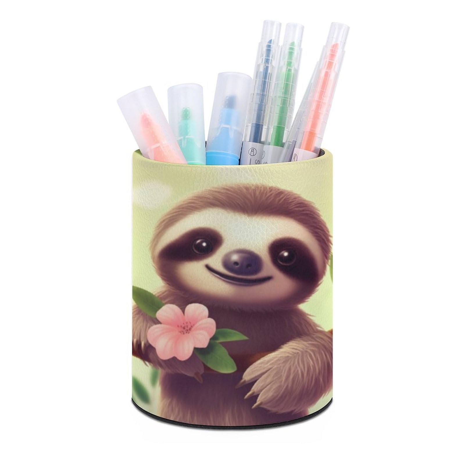JTREHY Round Pen Holder,Cute Sloth Printed Makeup Brush Storage Box Desktop Stationery Storage Cup Office Accessories Storage Box Pencil Storage Box for Home Office Dressing Table