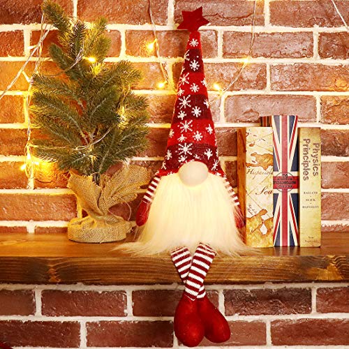 EDLDECCO Christmas Gnome with Light Timer 27 Inches Set of 2 Knitted Hat Nisse Figurine Plush Swedish Nordic Tomte Scandinavian Elf X'Mas Holiday Party Home Decor Ornaments (Red & Grey)