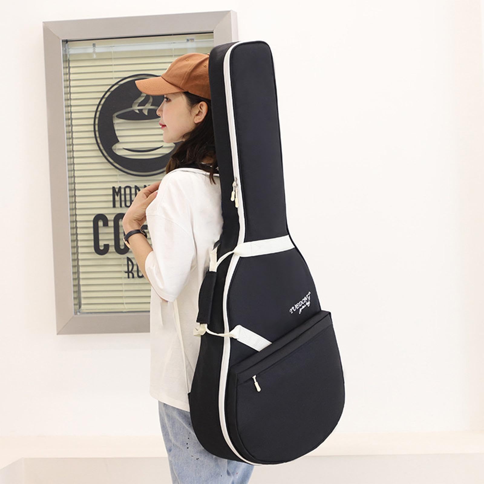 E Gitarren Tasche mit Großem Frontfach Oxfordstoff Polsterung Doppelschultergurte Staubschutz Wasserabweisender Schutz für Schüler Musikunterricht Büh, Schwarz-weiss