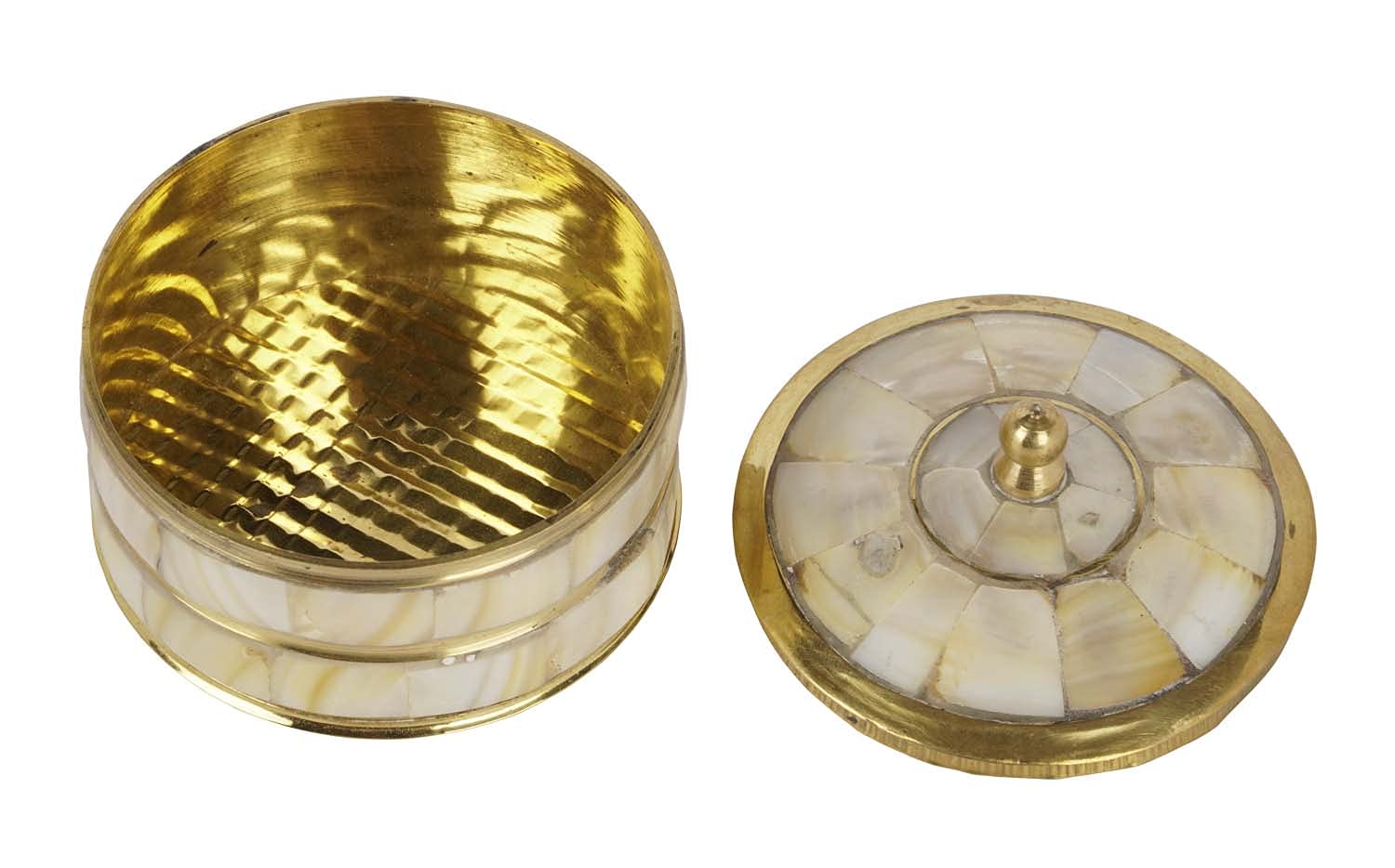 Boîte à Bijoux Artisanale En Laiton Et Nacre - Fabriquée En Inde - 7x6.75 Cm