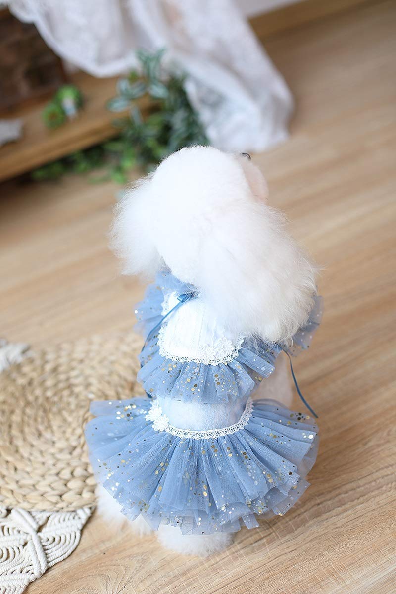 Amazon.co.jp: 手作り犬服犬ドレスブルーチュールゴールドドットレース