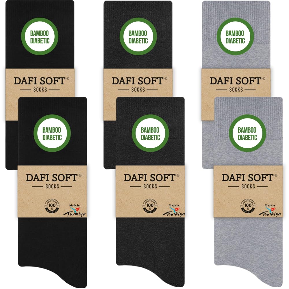 Dafi Soft Men's 2X Black 2X Anthracite 2X Grey 6 Pairs Bamboo Diabetic Socks, Soft Top, Made In Turkey (Uk 6-8, 6X Black/Anthracite/Grey)