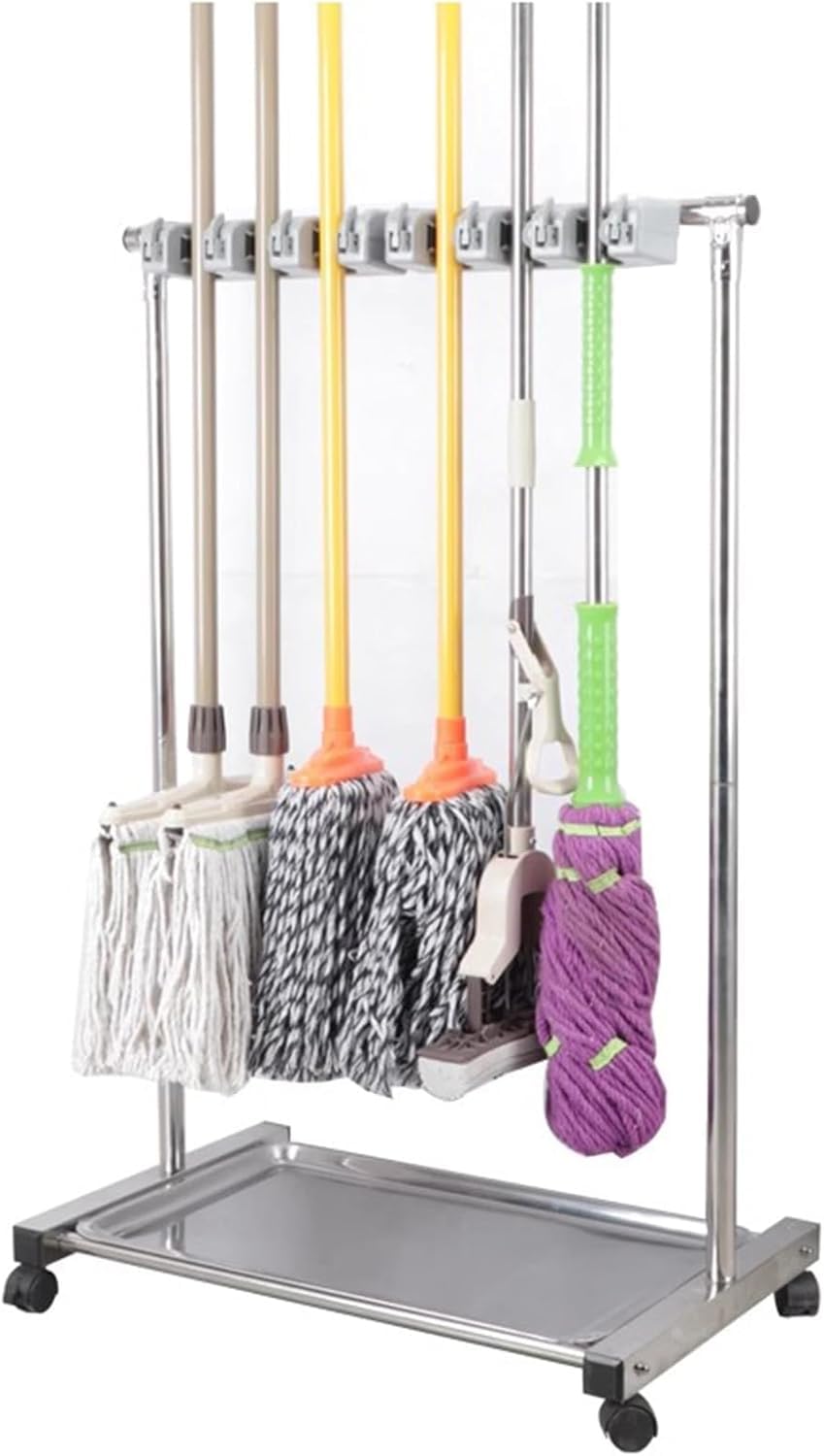 LJYKBFL Rolling Broom And Mop Holder With Stainless Steel Tray, Floor Standing Cleaning Tool Rack Carts For Garden Garage Schools Hotels Restaurant, Shed Tool Organizer,12 Pole Clip-71X45X110Cm