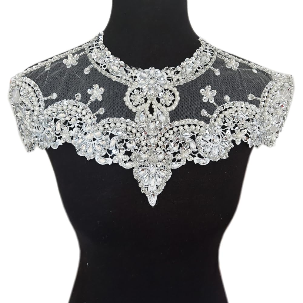 succi shan Handmade Rhinestones Lace Applique Handsewing Silver White Beads Trim Patches Neckline for Wedding Dress Evening Gown