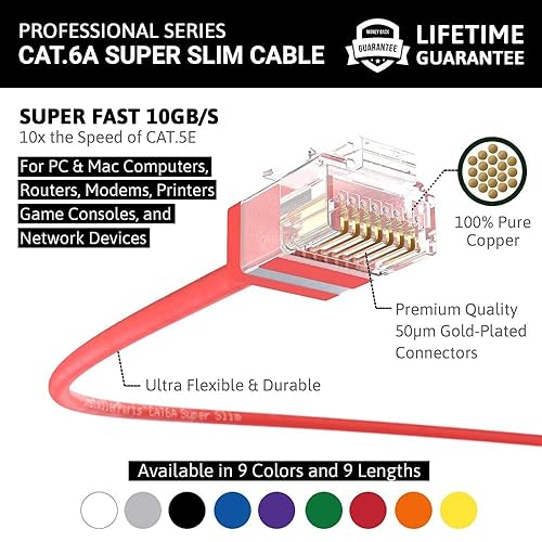 Miniatura 2 de InstallerParts Cable Ethernet CAT6A súper delgado UTP de 1 pie (paquete de 10) - Rojo - Serie profesional - 10GigabitSec de redcable de Internet de