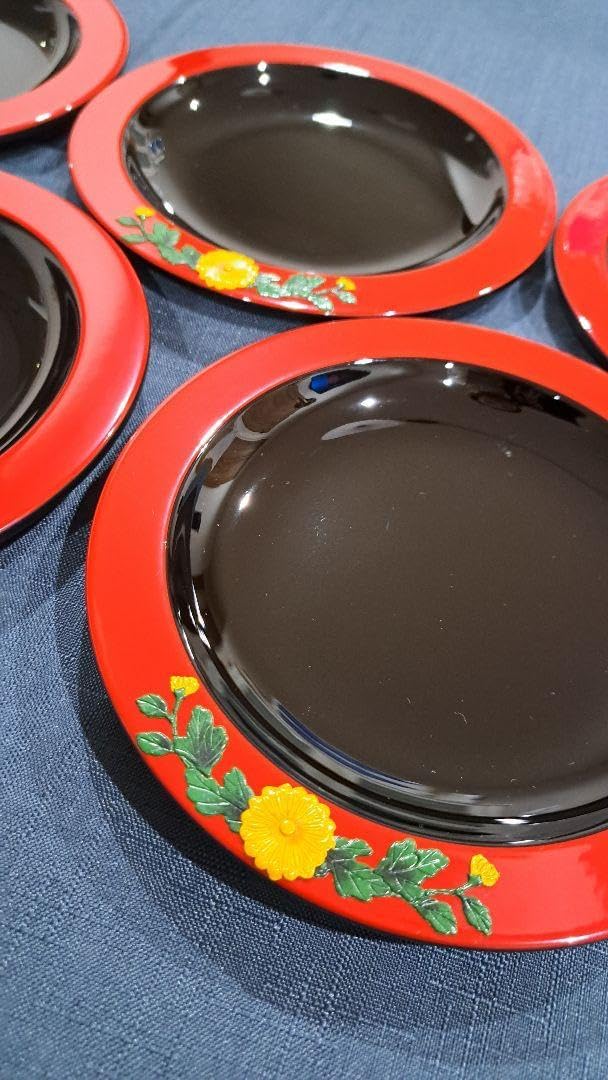 琉球漆器 菊唐草柄皿 5枚セット 琉球漆器 菊唐草柄皿 5