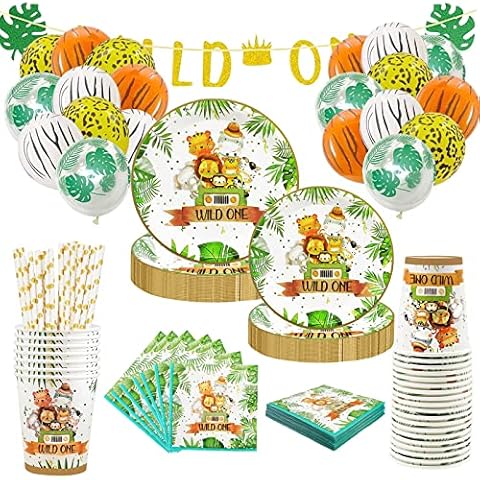 Paper Plates Children's Birthday Decoration Safari Jungle Birthday Decor Balloons Banner Party Tableware Plates Napkins Straws Cups Disposable Tableware for Baby Shower Boy (20 guests) Cover