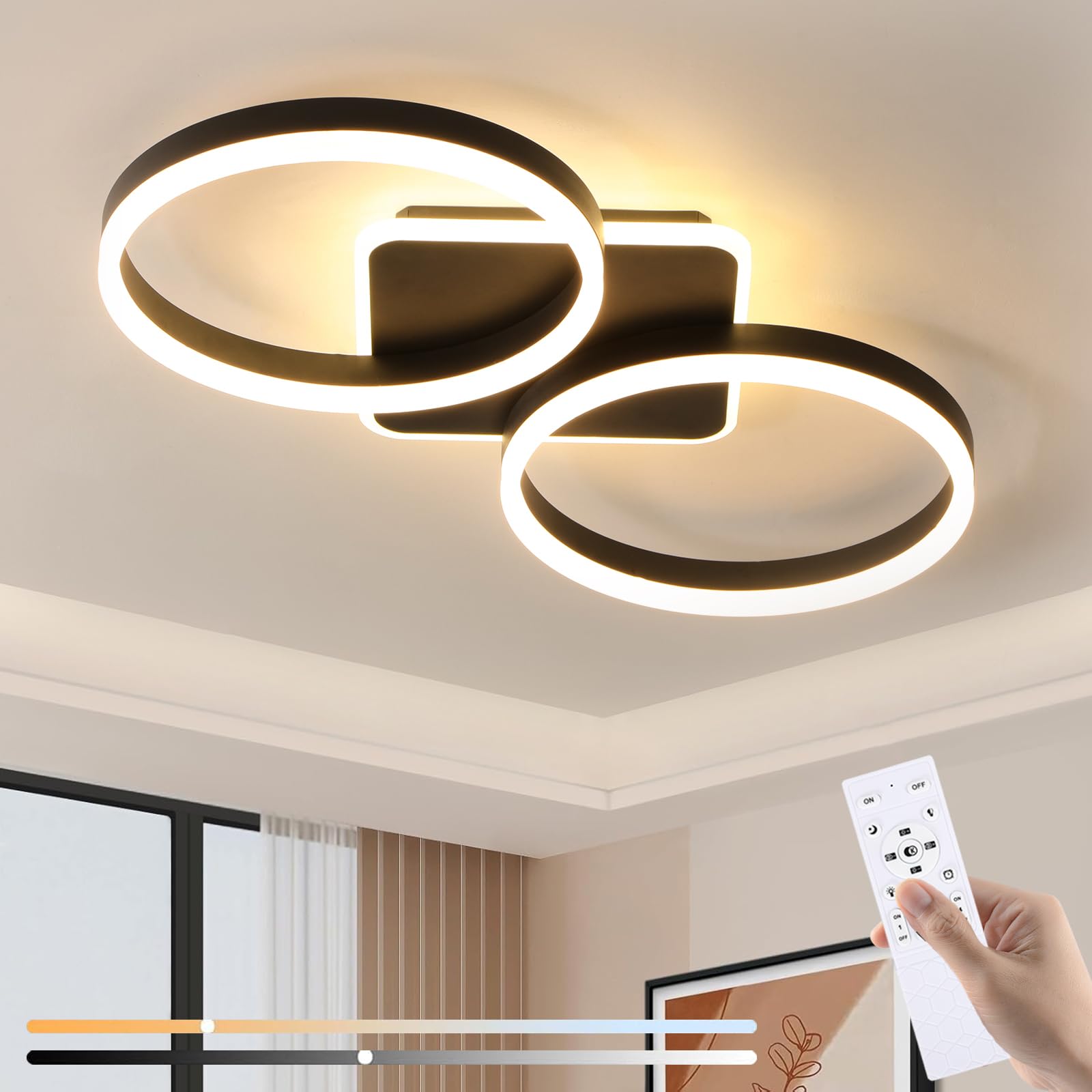 Lámpara de Techo LED Regulable Sala de Estar Negro 42W 65cm | Dormitorio Lampara Techo con Función de Memoria, Diseño Moderno de 2 Anillos Iluminación de Techo con APP de Control Remoto