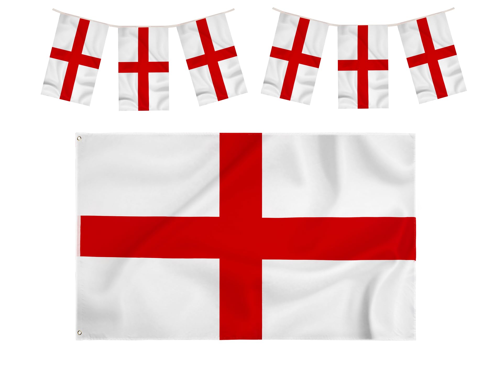 Storm&Lighthouse England Flag - St George Flag & Bunting (10m), 5ft x 3ft with Eyelets, White, Red, 5ft x 3ft + 10m Bunting