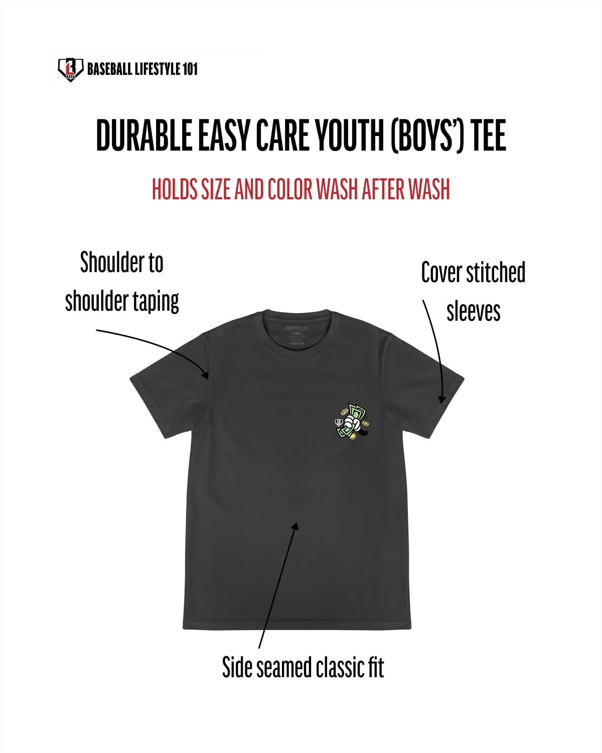 Baseball Lifestyle 101 Bag Chaser Youth Tee for Boys - Gray, Soft 60/40 Blend, Breathable, Side-Seamed, Sizes Youth S-XL - Image 4