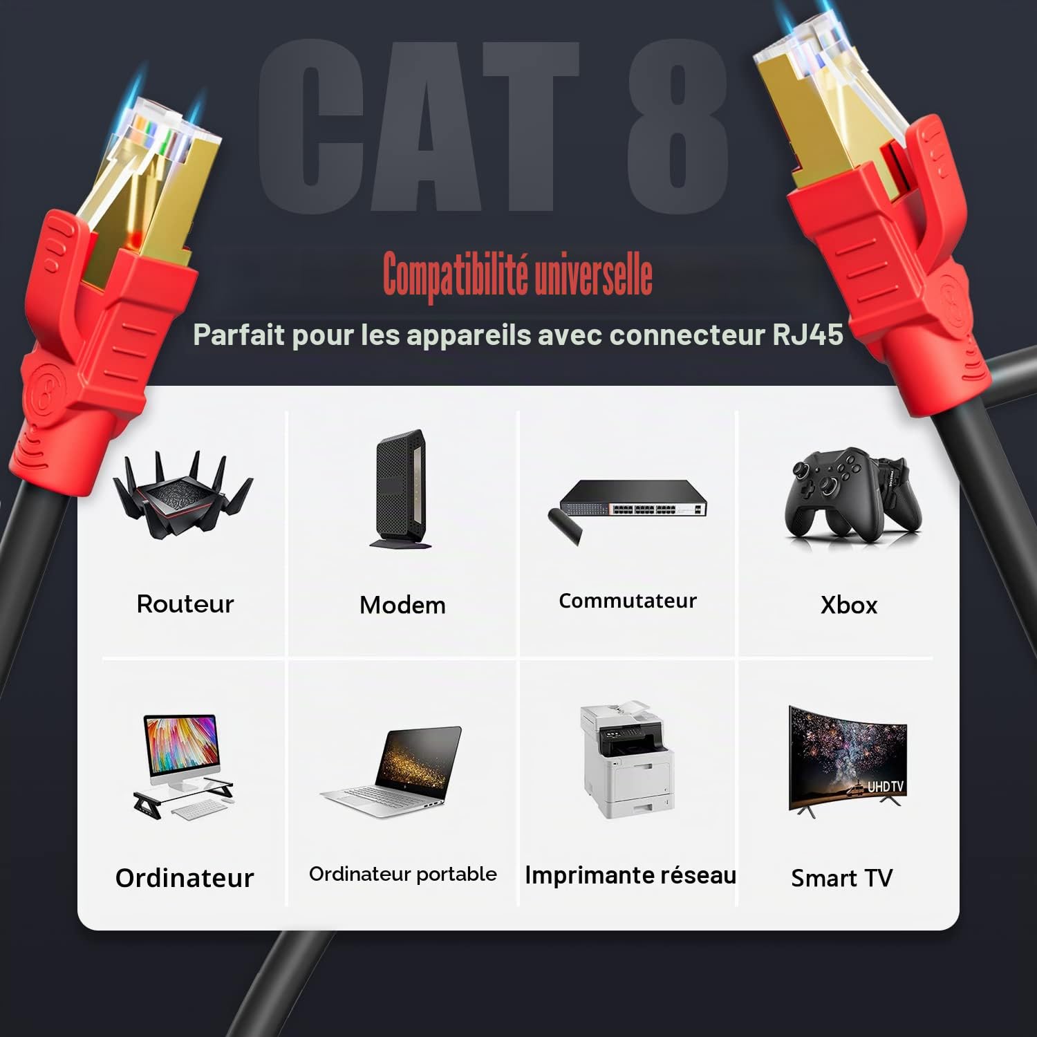 Cat 8 Câble Ethernet 15M, Haut Debit Blindé Rj45 Cable Réseau 15 Mètres | Cat8 Rj45 Noir Extérieure Intérieur 40Gbps 2000MHz, POE 26AWG SFTP Gigabit Cable Internet LAN pour Routeur Modem