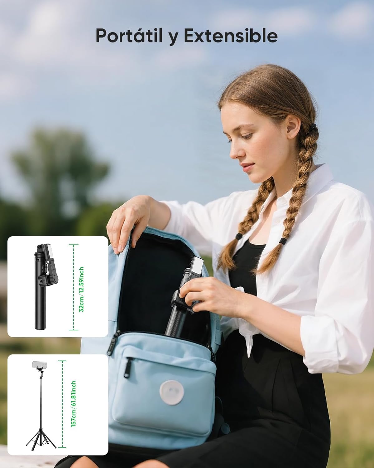 Woman placing the folded KOSCHEAL C16R into a backpack, showing its compact size and extended length