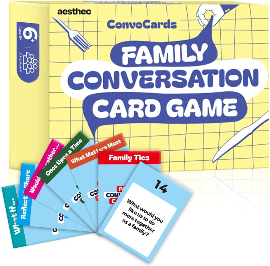 ConvoCards – 150 Family Conversation Cards with Bingo Boards, Fun Dinner Table Game with 6 Categories of Engaging Questions for Kids, Teens & Adults to Connect, Game Night & Road Trip Group Activity