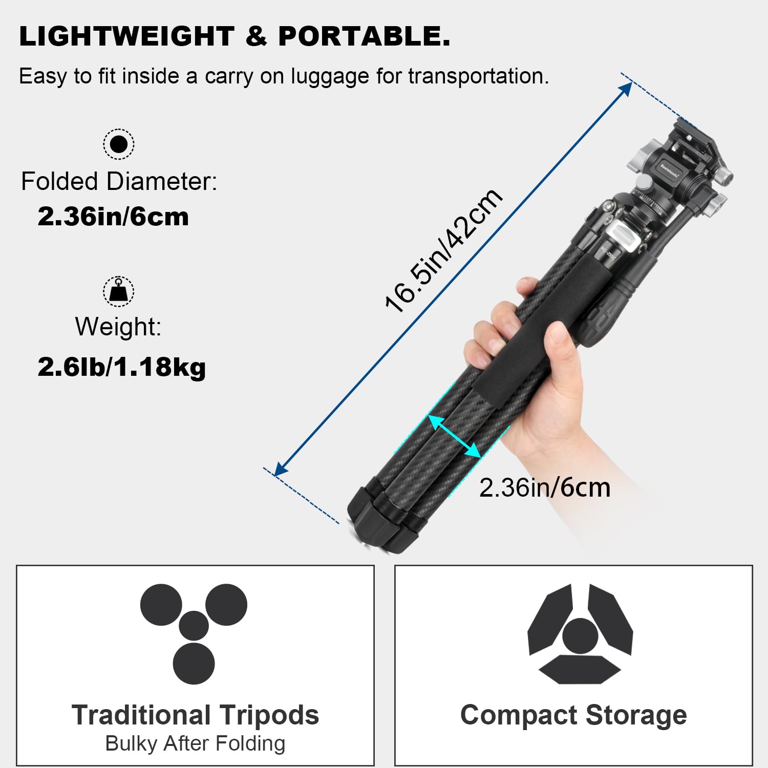 Koolehaoda Trípode de viaje de video, trípode de cámara de aluminio ligero de 63 pulgadas con cabezal fluido panorámico de 360°, configuración de pierna de liberación rápida para viajes, video