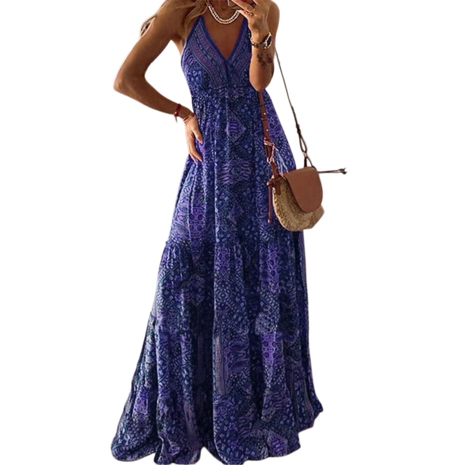 Abito Donna Boho Floral Halter Maxi V Collo A Livelli Lungo Abito, Alta Vita Ruffle Bohemian Abito-Red-XXXL