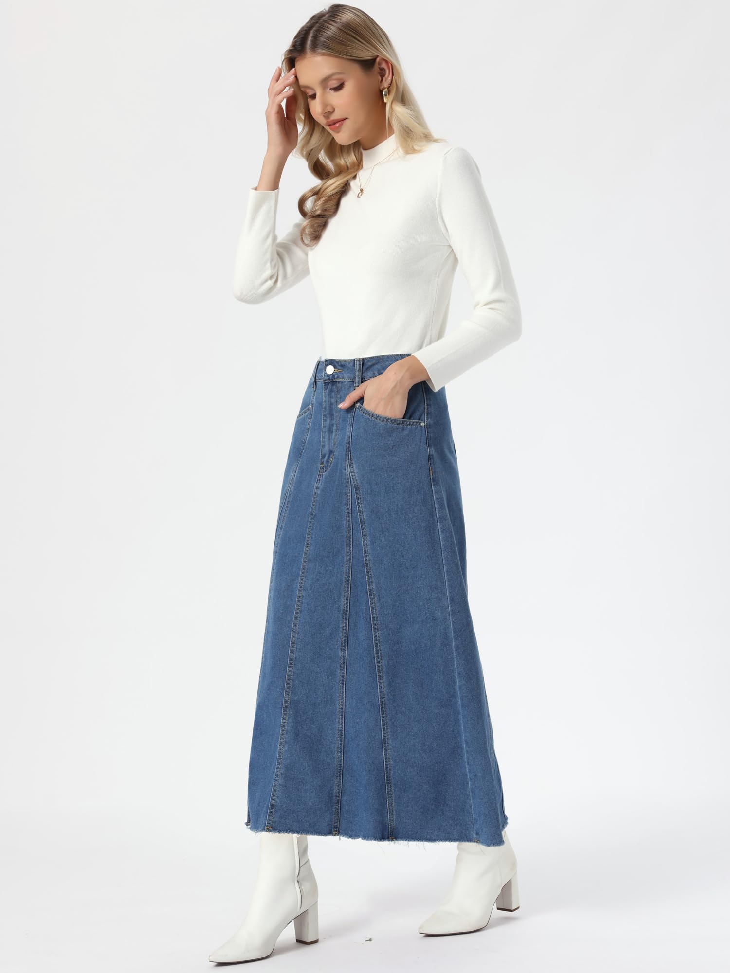 Allegra K Femme Jupe Longue en Jean Taille Haute Trapèze Coutures Été | Coupe Évasée Ourlet Effiloché Poches Patch Automne 2026 Usage Quotidien Décontracté
