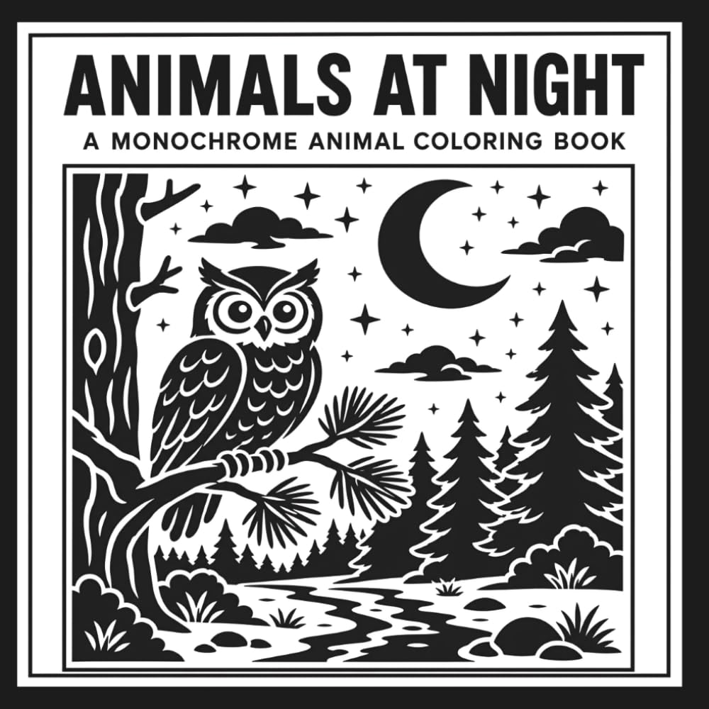 Animals at Night: A Monochrome Animal Coloring Book with Dot-Guided Moonlight Scenes, Grayscale Reference Pages, Peaceful Wildlife Designs, and Relaxing Nature Coloring for Adults (30 Page Studio)