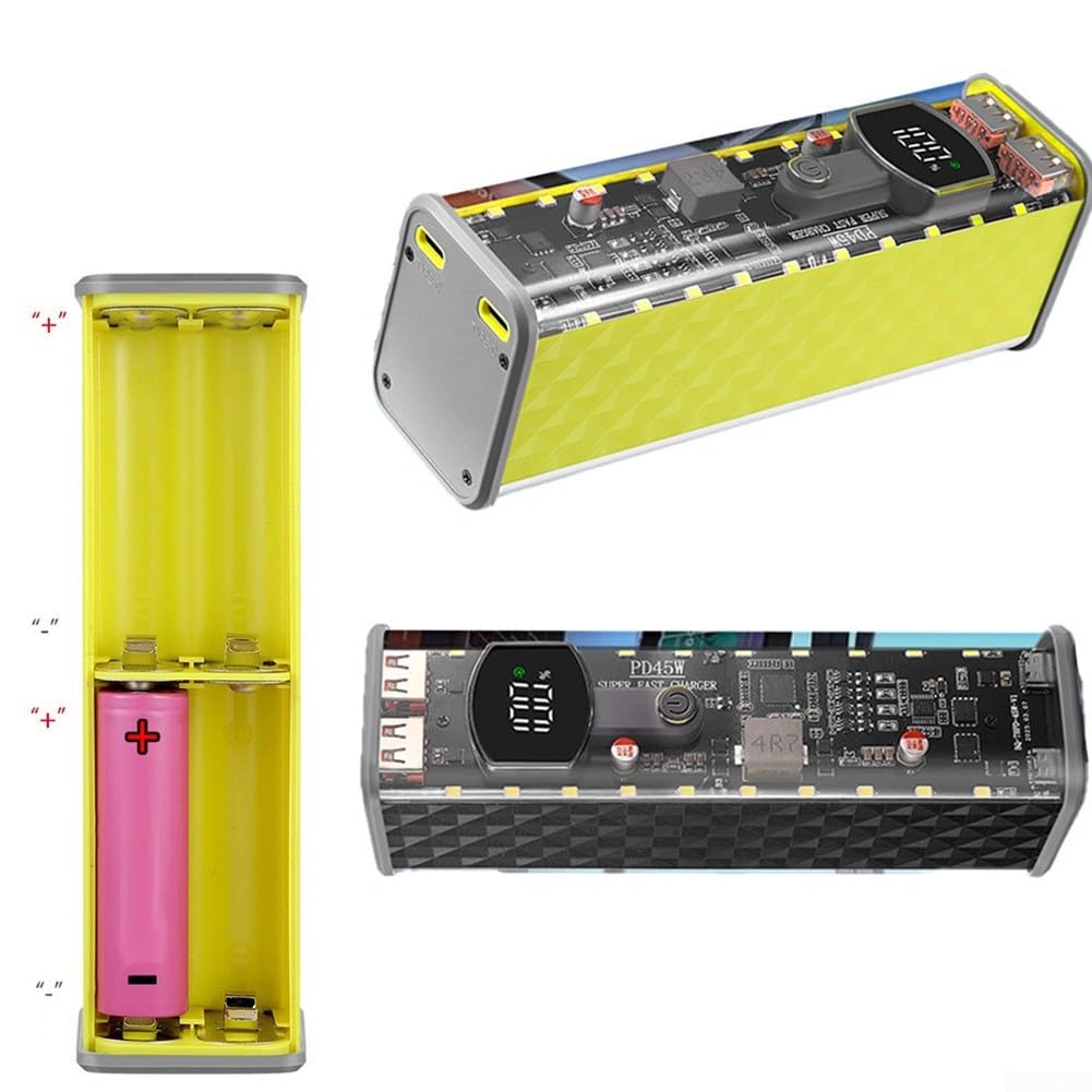 Custodia portatile per power bank in ABS trasparente, design a saldatura, per assemblaggio fai da te, compatibile con celle della batteria 8 x 18650, supporta la ricarica rapida da 22,5 W e 45 W (nero