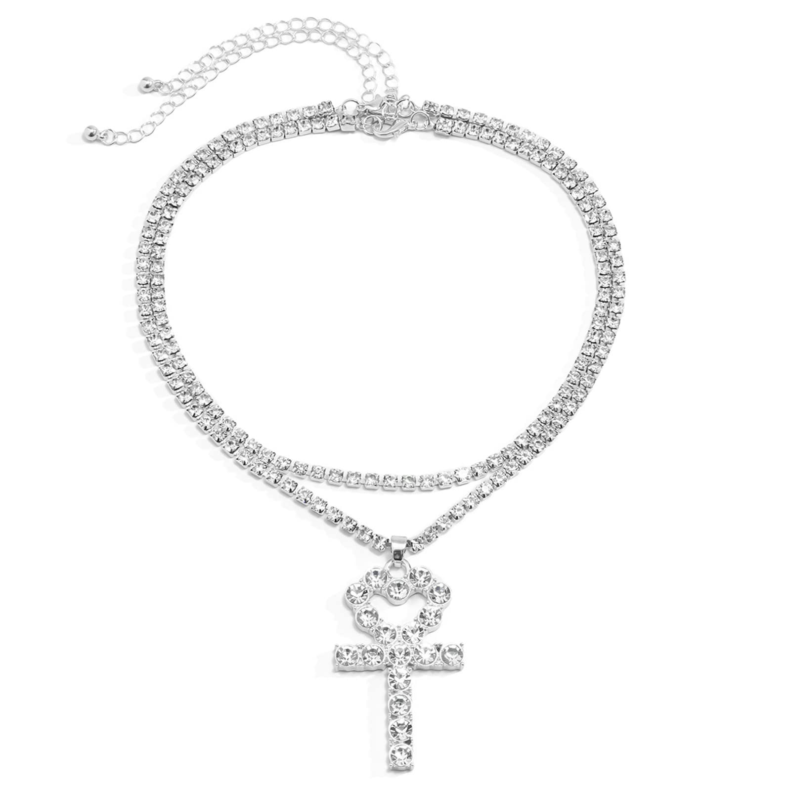 Collier double couche serti de strass cubiques de zirconium avec croix rétro - 5