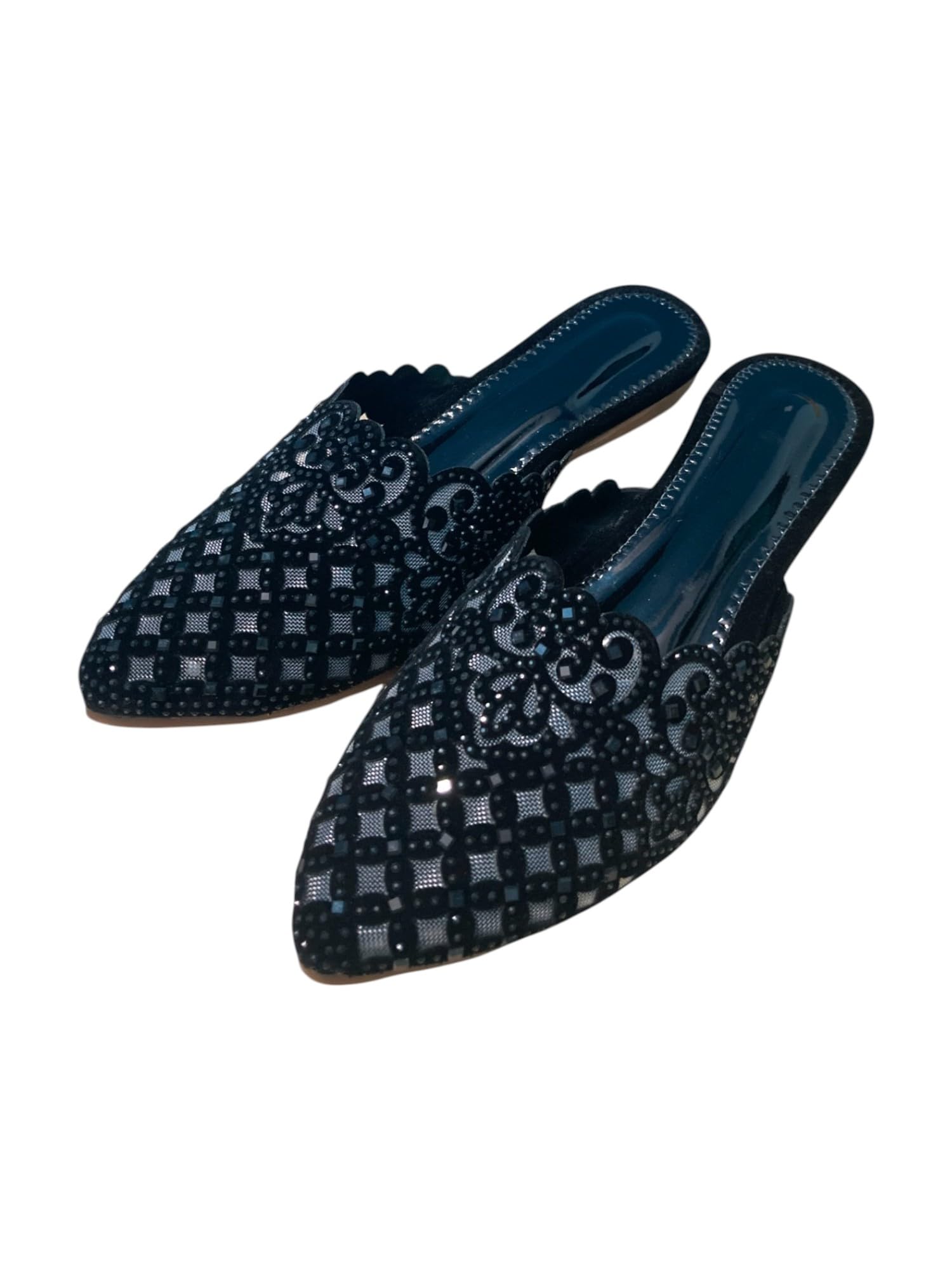 Women's Ethnic Black Floral Embroidered Pointed Toe Mules, Traditional Mojari Jutti Slip-On Flats with Checkered Pattern-picture-29