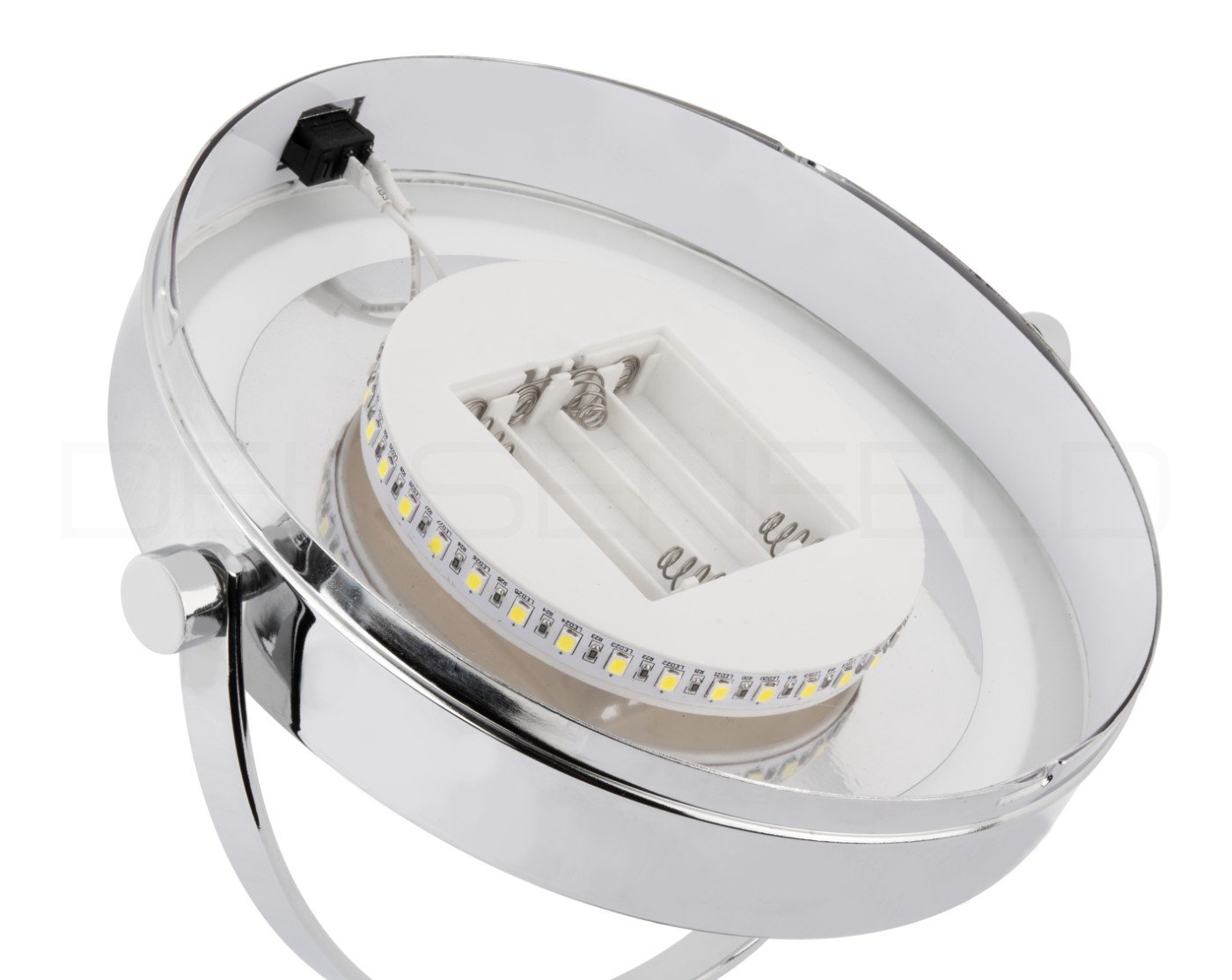 DEUSENFELD WL10CB - Batterie LED Doppel Wand Kosmetikspiegel, 10x Vergrößerung + Normal, Ø17,5cm, 360° vertikal und horizontal schwenkbar, 35 SMD Tageslicht LEDs, Metall verchromt