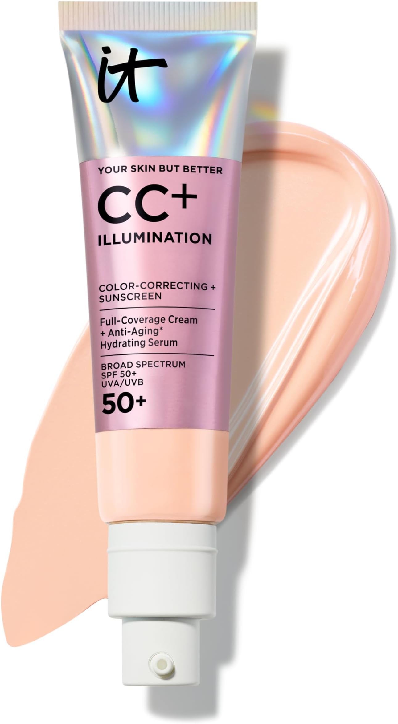 IT Cosmetics CC+ Cream Illumination SPF 50+ - Radiant Full Coverage Foundation Color Corrector, Hydrating Anti-Aging Serum, Hydrolyzed Collagen + Peptides, Normal to Dry & Mature Skin - 1.08 fl oz