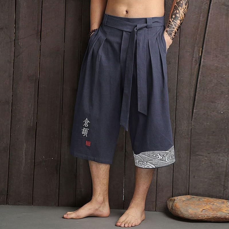 Men's Japanese Kimono Pants Traditonal Beach Pants Asian Clothing Trunks Capris Summer Casual Loose Linen Cropped Shorts2