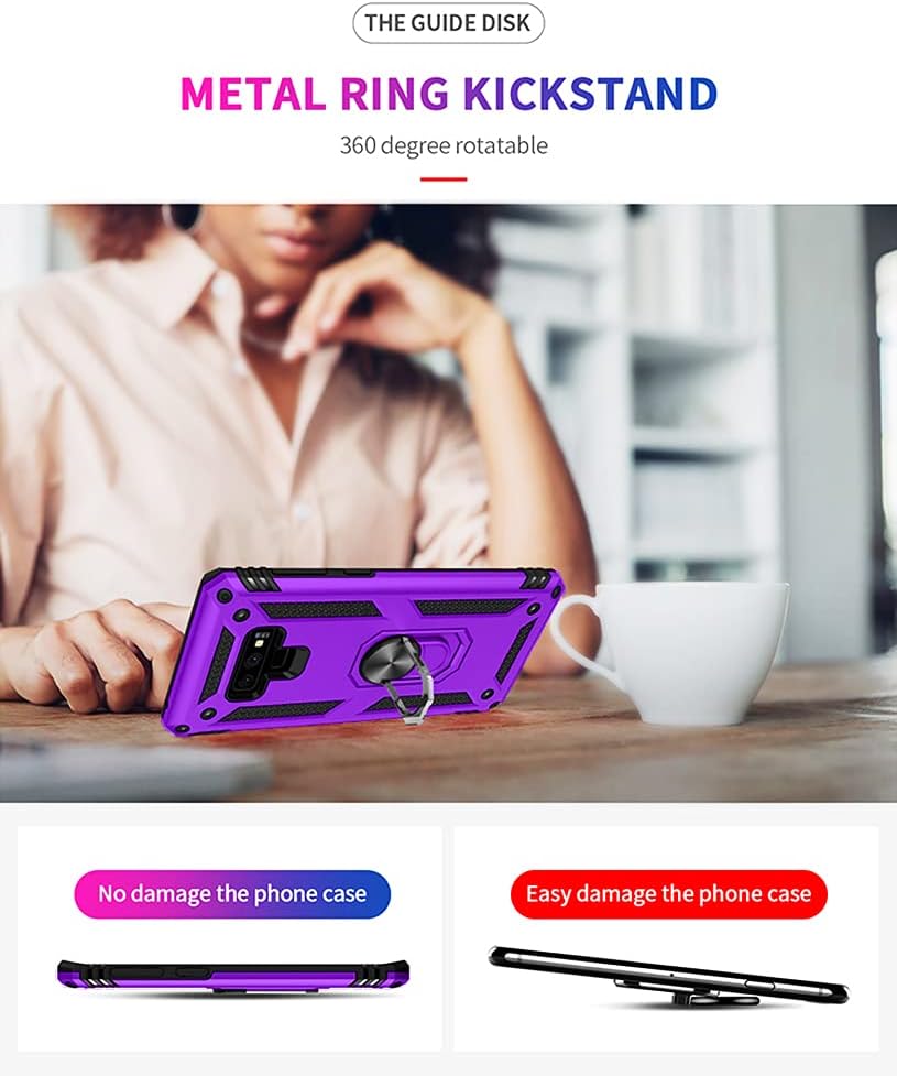 Samsung Note 9 Phone Case, Galaxy Note 9 Case with 3D PET Screen Protector, Androgate Military-Grade Ring Holder Kickstand Car Mount 15ft Drop Tested Shockproof Cover Case for Galaxy Note 9, Purple