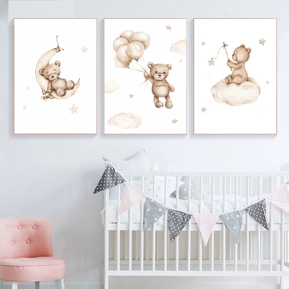 Youihom 3 Stampe per Cameretta Neonato Orso Beige Quadro Camera da Letto Bambini Palloncino Nuvola Luna 30x40 Quadretti Cameretta Ragazzo Stella Poster Tela senza Cornice
