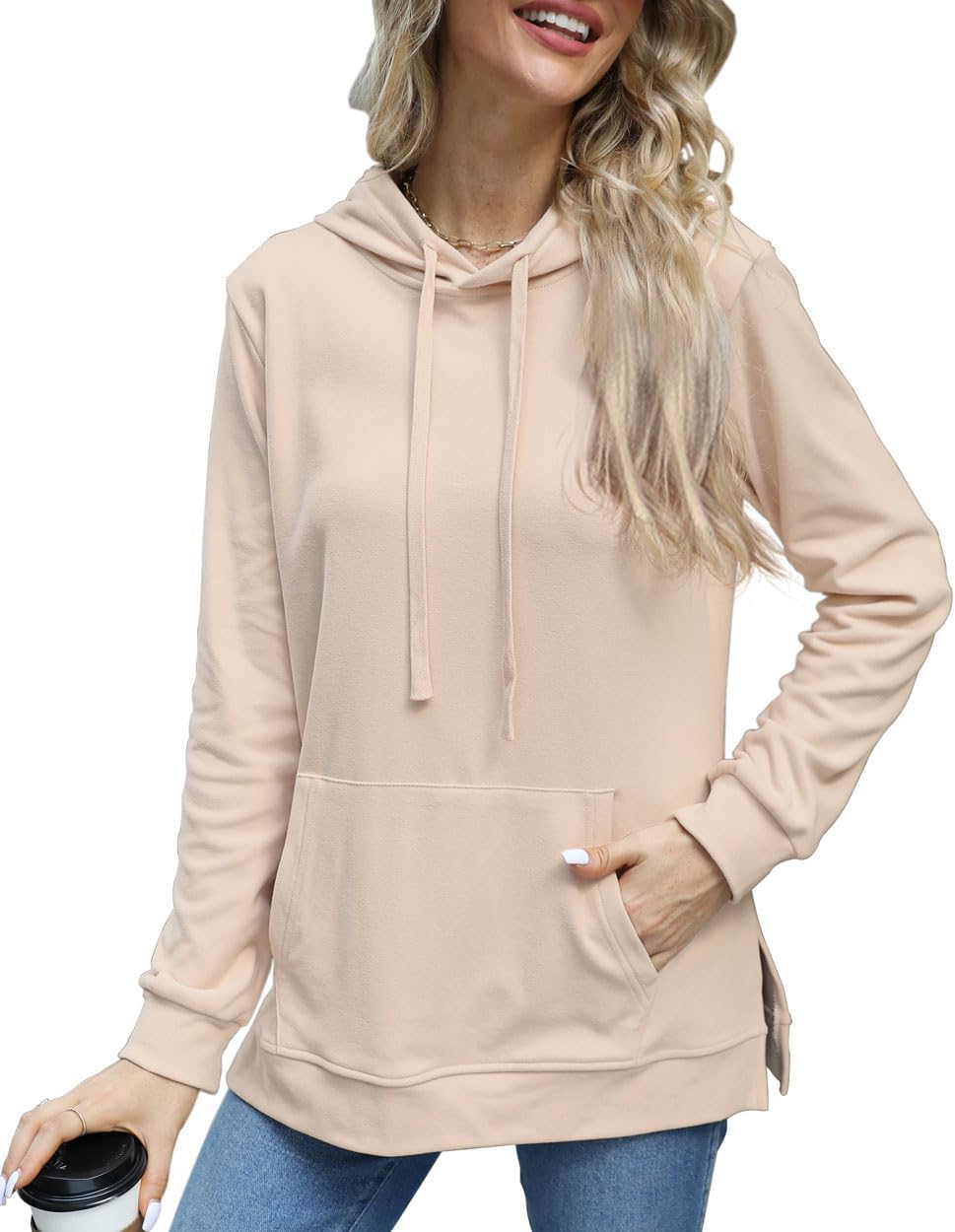 Beimuc Hoodies for Women Fashion Split Hem Drawstring Casual Long Sleeve Sweatshirts Tops with Pockets - Image 2