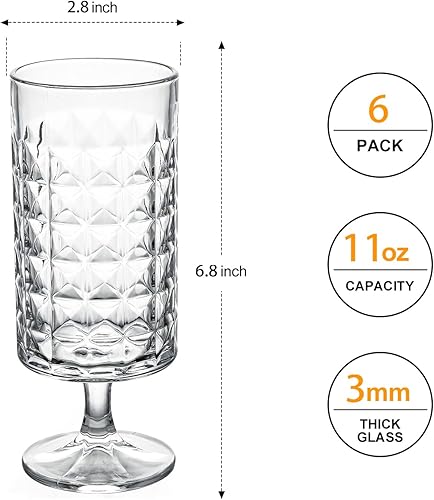 Miniatura 2 de Juego de 6 vasos de cristal de 11 onzas con grabado de flores, vasos de chupito para el hogar, para jugo, vino, cerveza, champán, cóctel, whisky